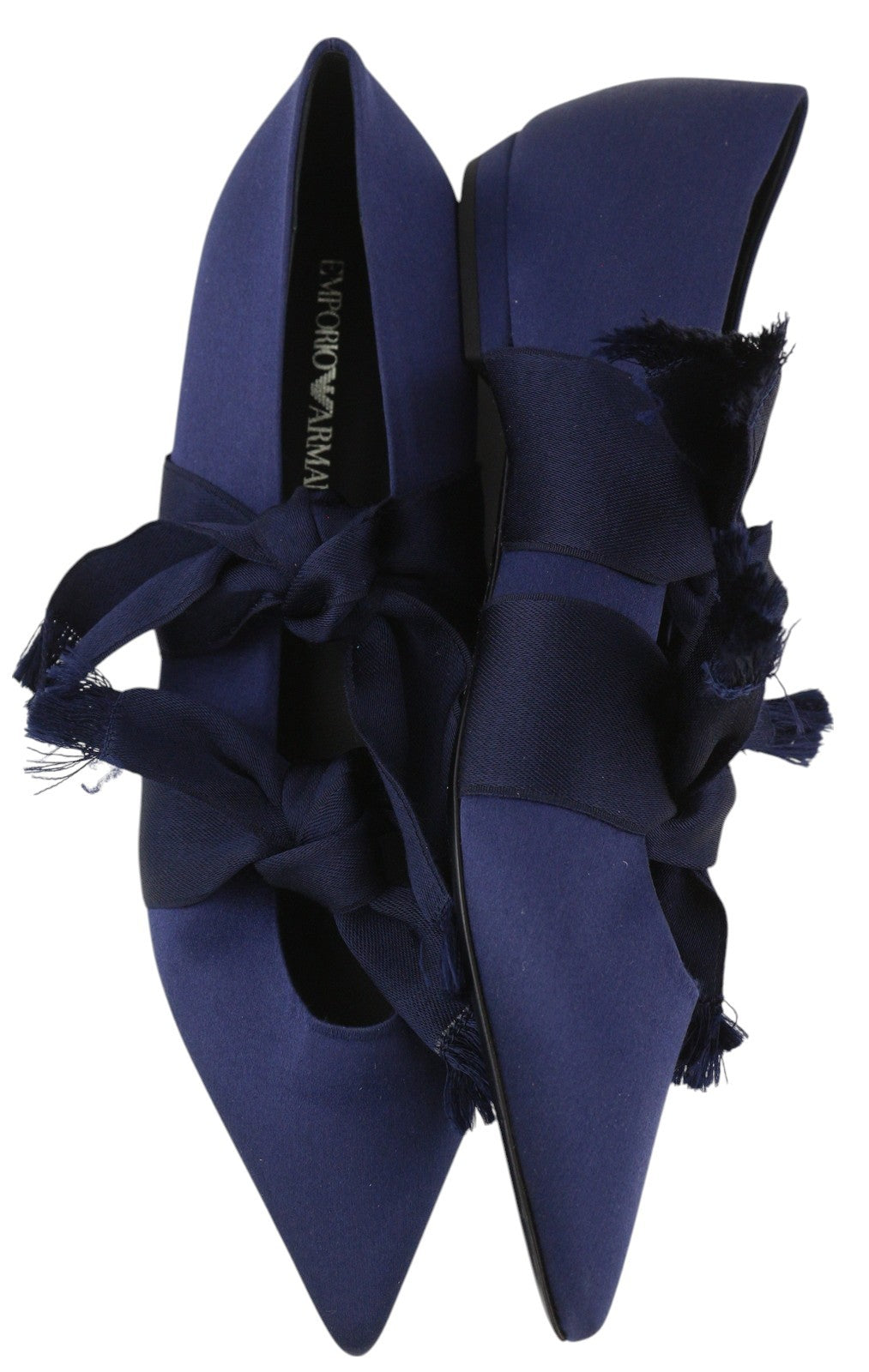 EMPORIO ARMANI Women Flats EU37 Blue Satin Pointed Toe Ballerina Slip On Straps