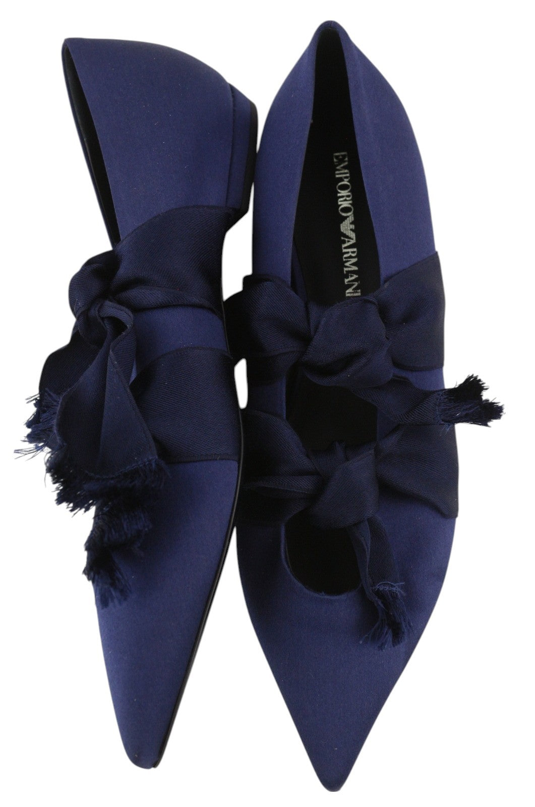 EMPORIO ARMANI Women Flats EU37 Blue Satin Pointed Toe Ballerina Slip On Straps