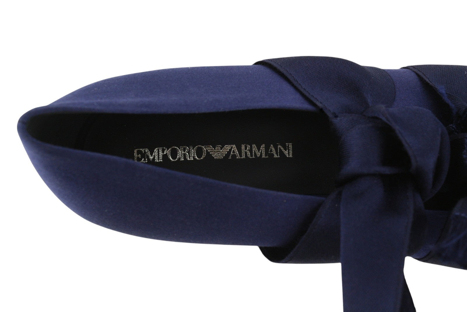 EMPORIO ARMANI Women Flats EU37 Blue Satin Pointed Toe Ballerina Slip On Straps