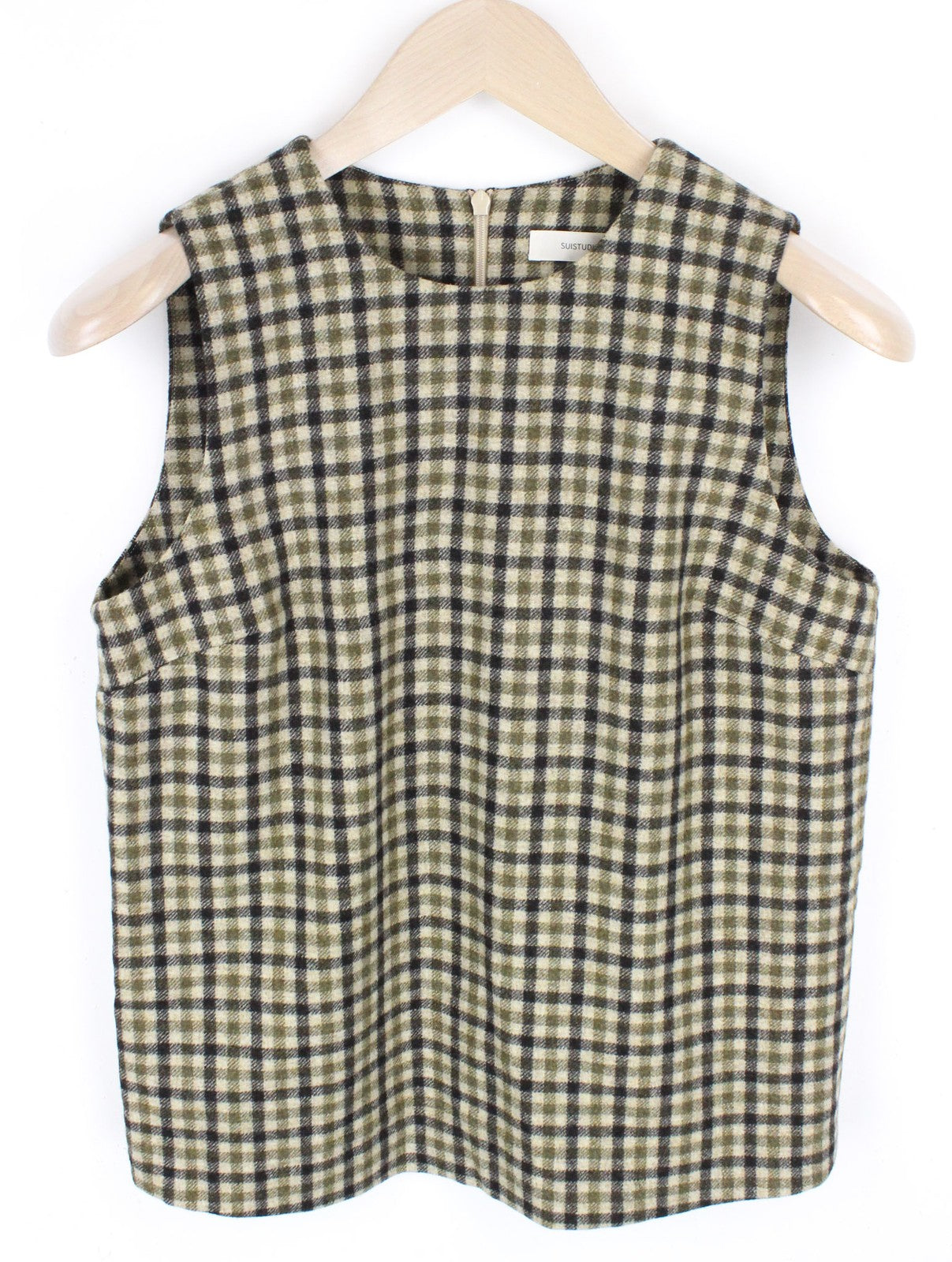 SUISTUDIO Sage Women's UK10 Checked Sleeveless Wool Brown Green T-Shirt