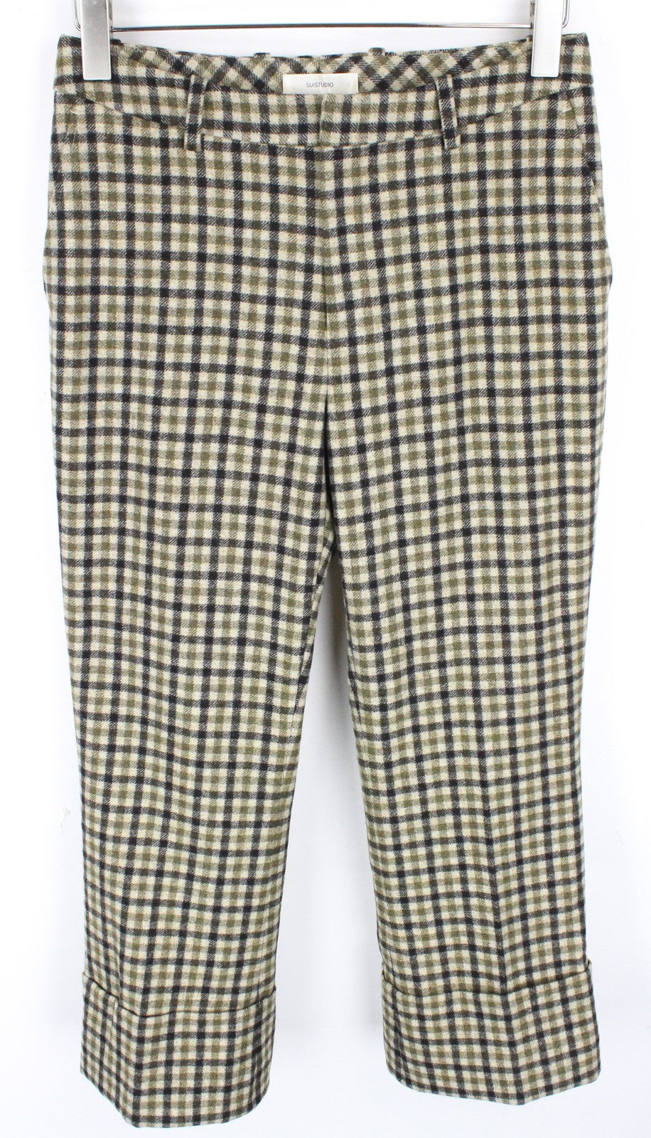 SUISTUDIO Robin Women's UK10 Cropped Pure Wool Pleated Grey Checked Pants