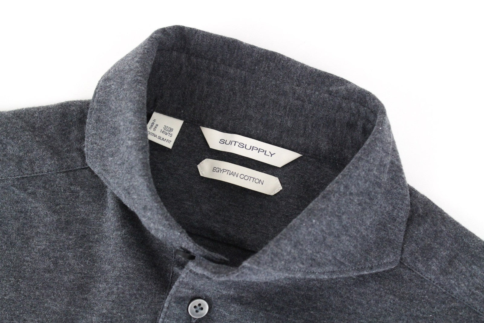 SUITSUPPLY Men's Grey Cutaway Shirt 37/38 Extra Slim Long Sleeve Cotton Polo