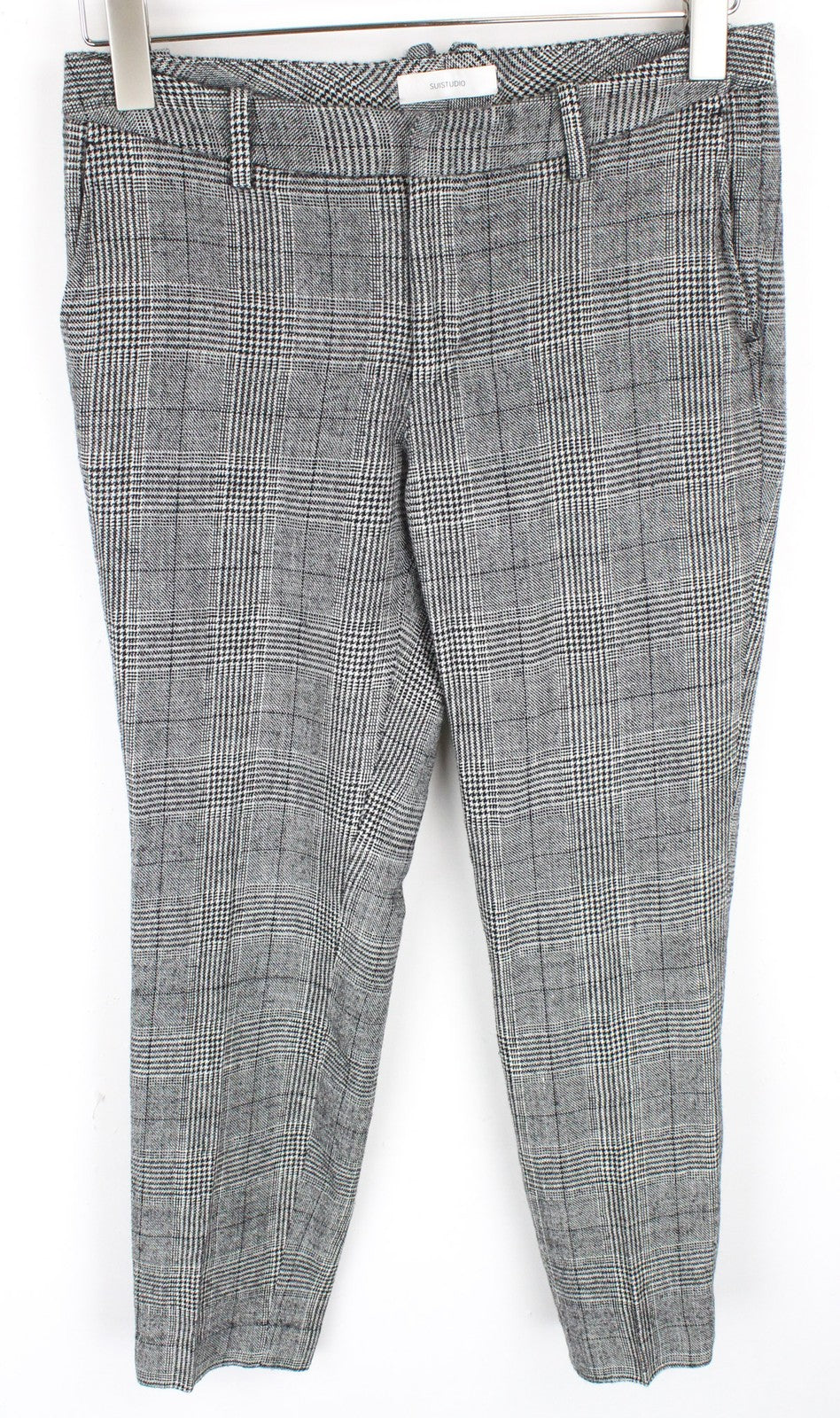 SUISTUDIO Women's UK10S Grey Checked Pleated Wool Silk Linen Blend Trousers