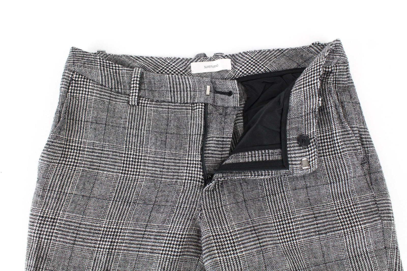SUISTUDIO Women's UK10S Grey Checked Pleated Wool Silk Linen Blend Trousers