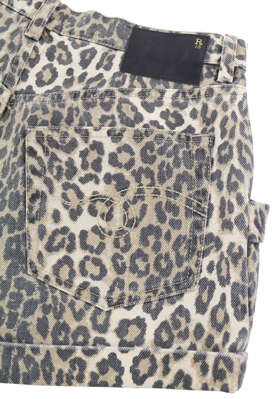 R13 Pouch Pocket Women Shorts 24 Denim Rigid Leopard Print Buttoned RRP$1029