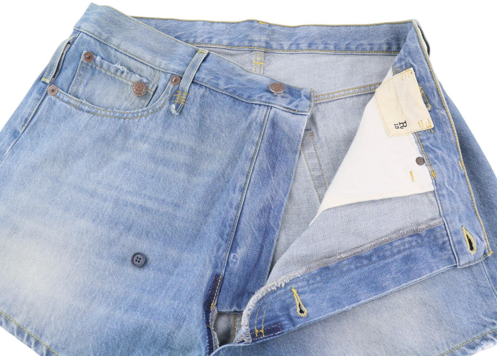 R13 Cross Over Women Shorts 28 Washed Denim Blue Asymmetrical Distress RRP€599