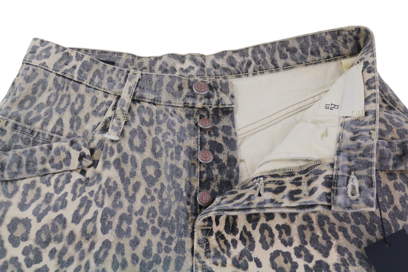 R13 Pouch Pocket Women Shorts 26 Denim Rigid Leopard Print Turn-Up RRP$1029