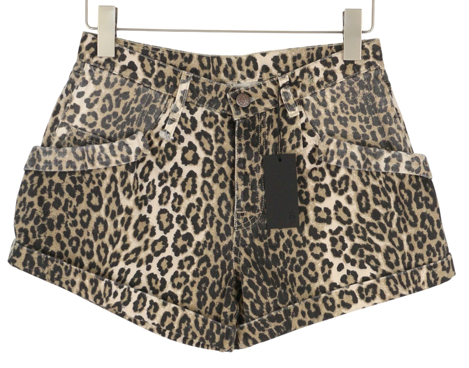 R13 Pouch Pocket Women Shorts 24 Denim Rigid Leopard Print Turn-Up RRP$1029