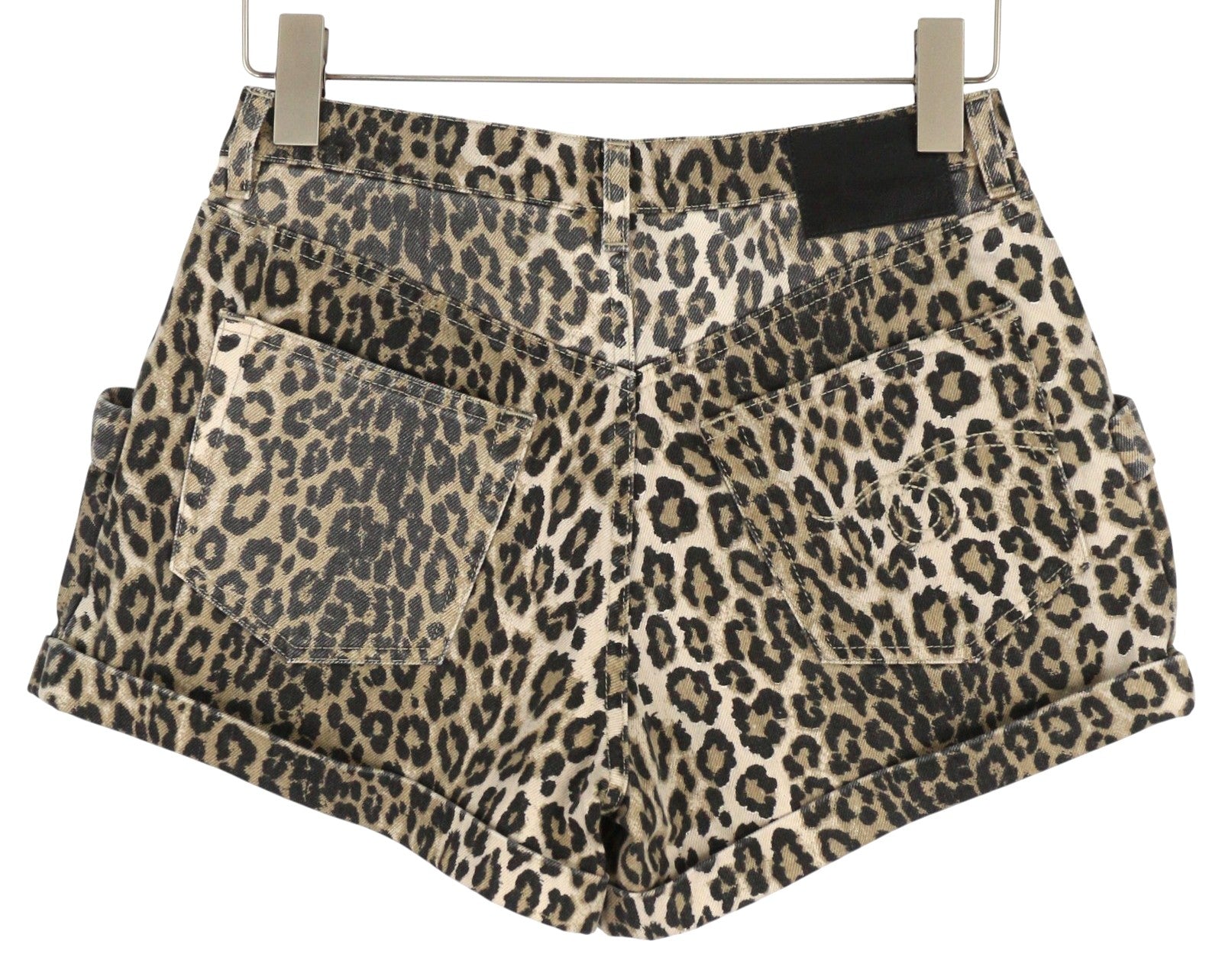 R13 Pouch Pocket Women Shorts 24 Denim Rigid Leopard Print Turn-Up RRP$1029