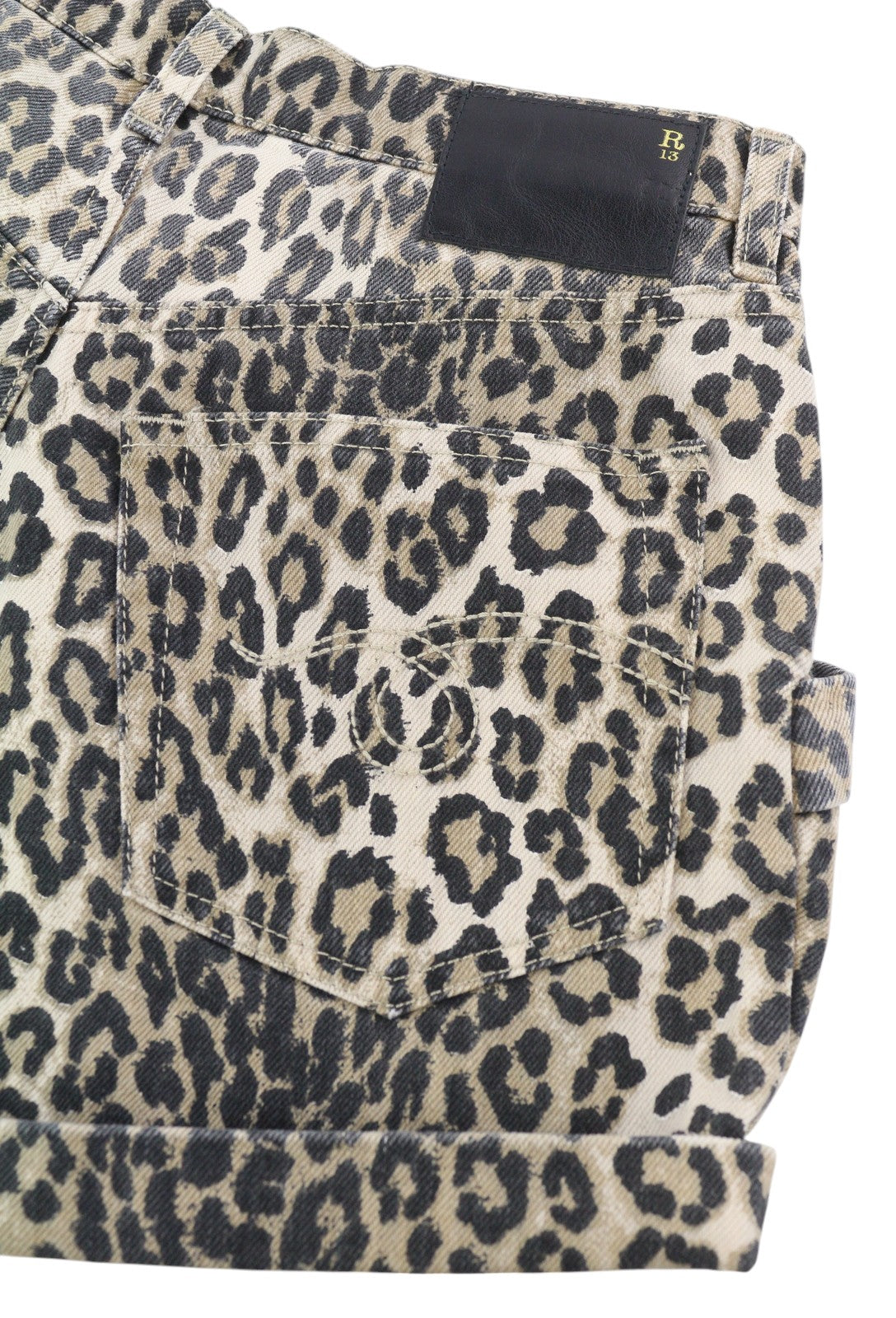 R13 Pouch Pocket Women Shorts 24 Denim Rigid Leopard Print Turn-Up RRP$1029