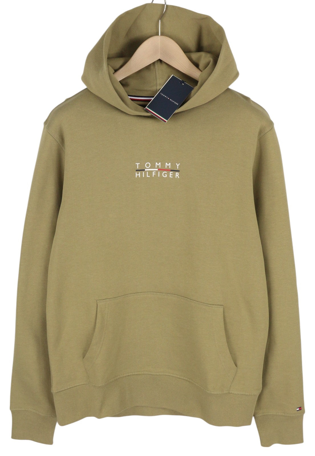 TOMMY HILFIGER Square Logo Men Hoodie L Brown Kangaroo Pocket Hooded Pullover