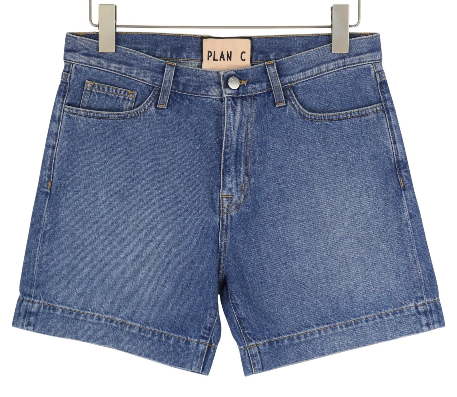 PLAN C Women Shorts 40 Washed Denim Blue Zip Fly Cotton Pockets Casual RRP€389
