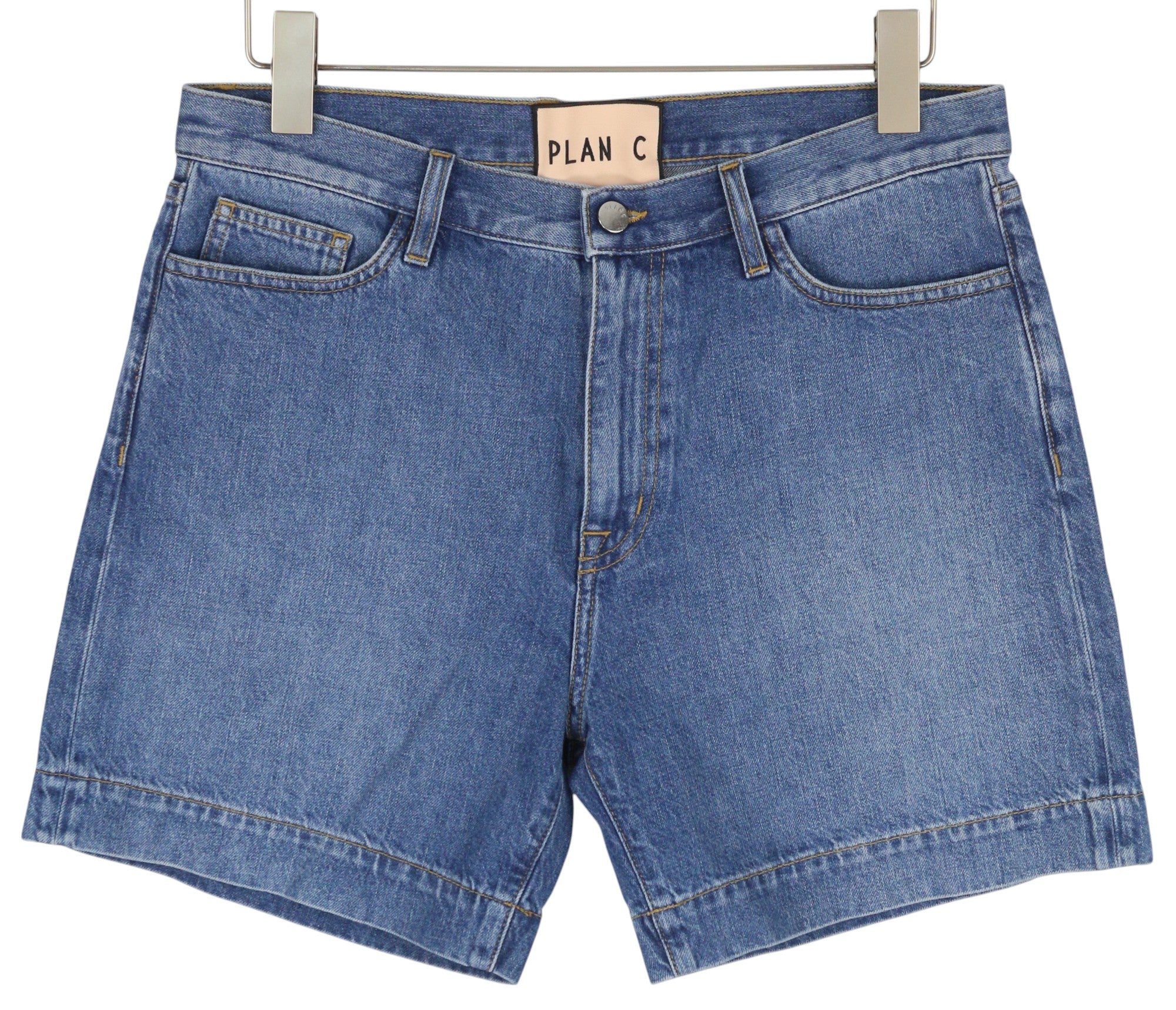 PLAN C Women Shorts 38 Washed Denim Blue Zip Fly Cotton Pockets Casual RRP€389