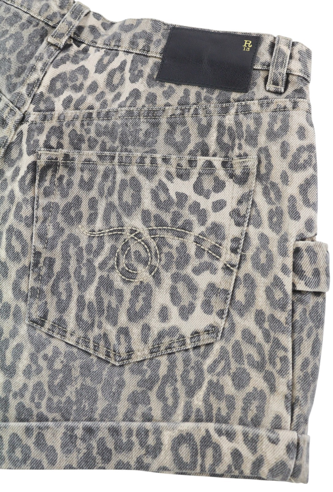 R13 Pouch Pocket Women Shorts 29 Denim Rigid Leopard Print Turn-Up RRP$1029