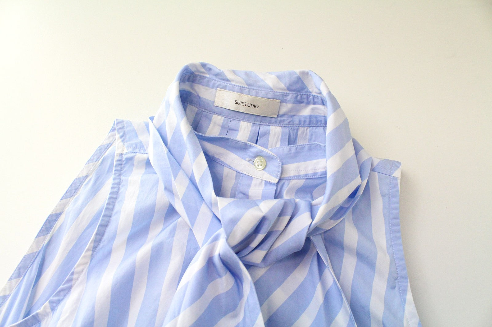 SUISTUDIO Asher Women's Top UK6R Blue Striped Cotton Bowtie Melange Blouse