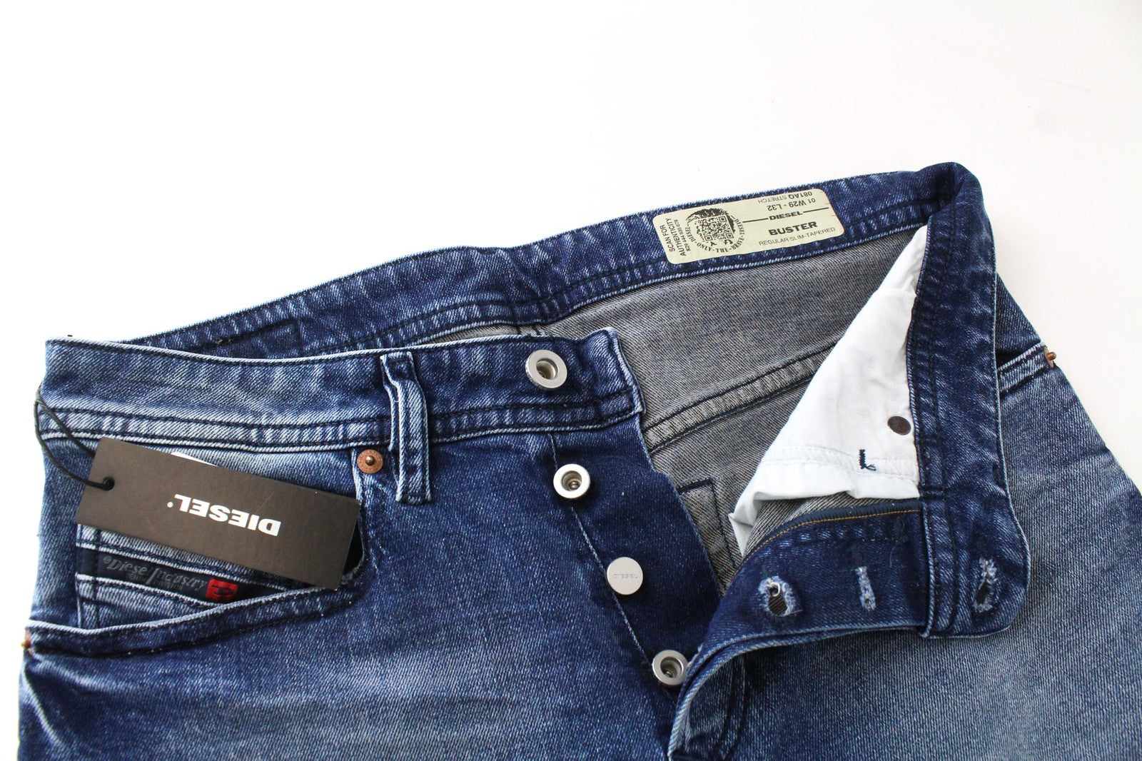 DIESEL Buster 081AQ Men's Denim Pants W29/L32 Distressed Blue Slim Elastic Taper