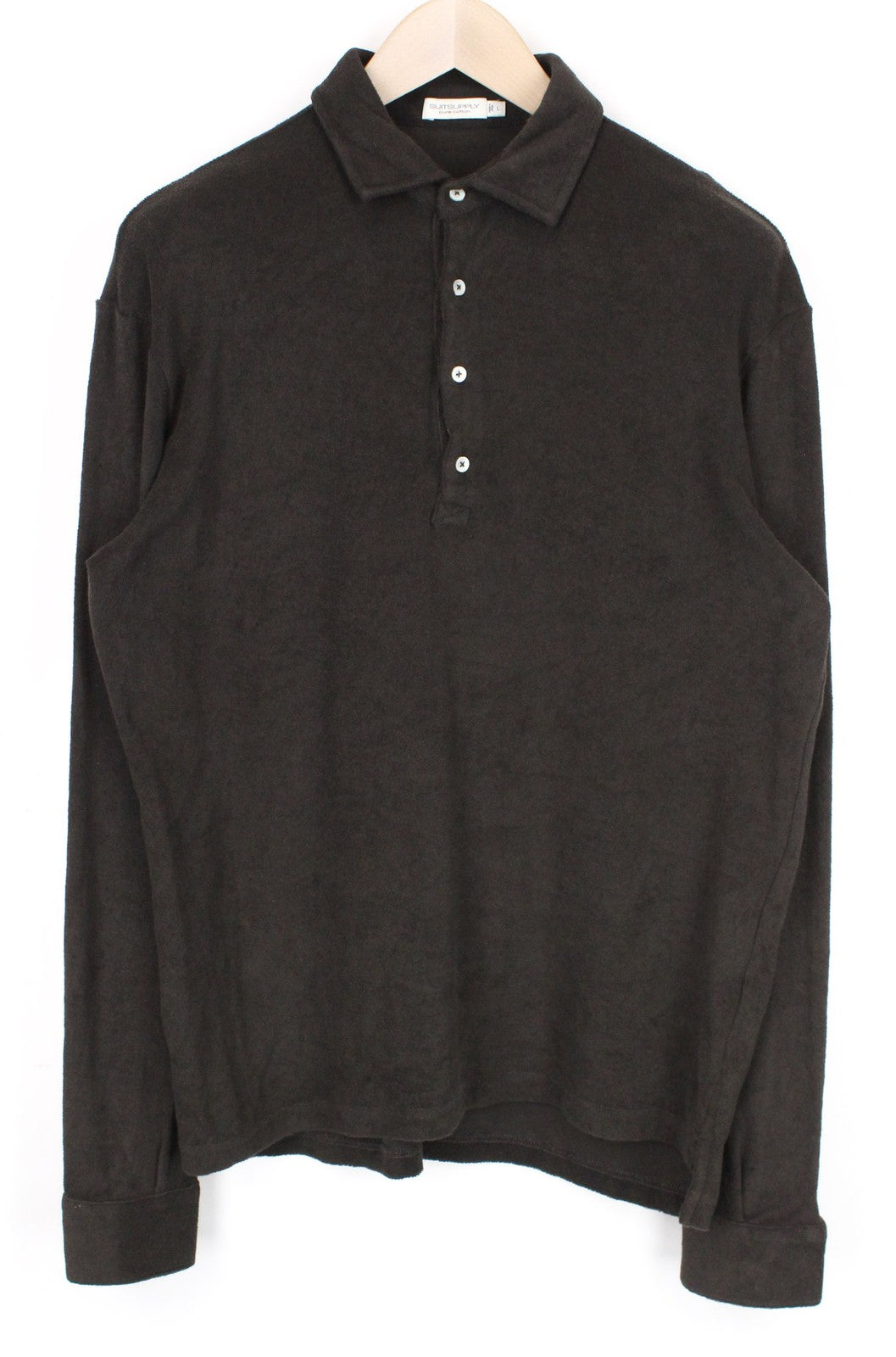 SUITSUPPLY Men's Spread Dress Shirt L Dark Brown Cotton Terry Slim