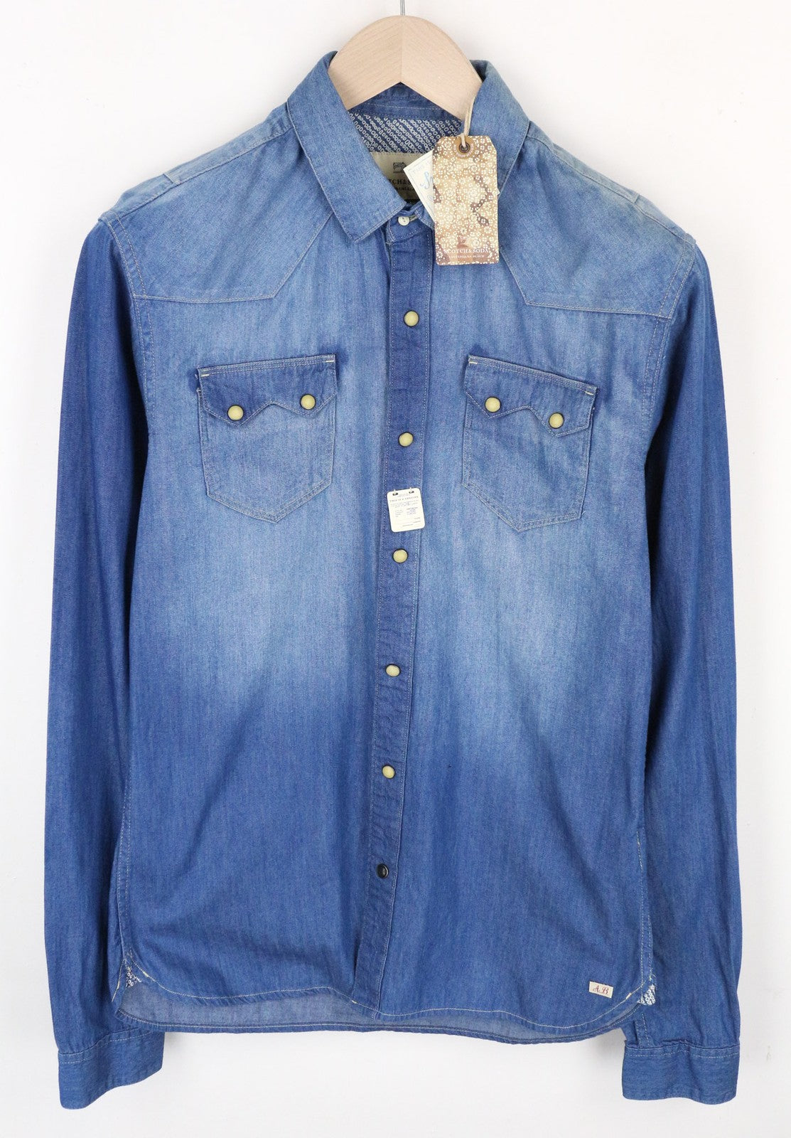 SCOTCH & SODA Men's Shirt S Mid Blue Cotton Classic Western Denim Style