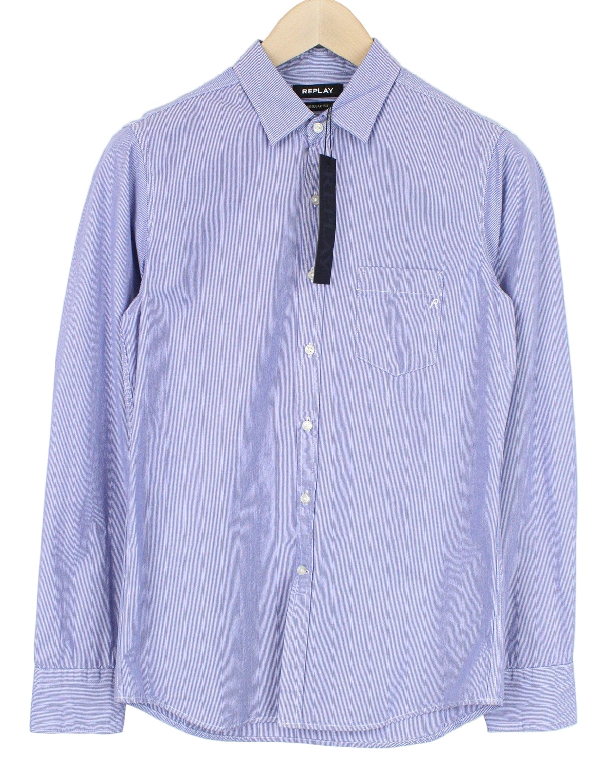 REPLAY Men's Striped Blue Twill Shirt S Pure Cotton Button-Up Long Sleeve