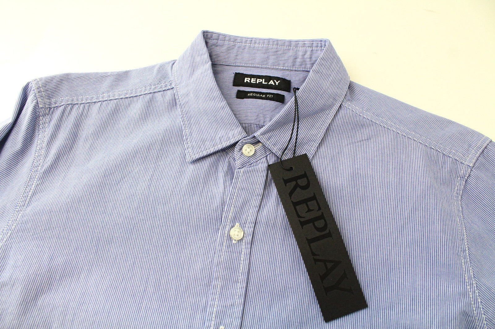 REPLAY Men's Striped Blue Twill Shirt S Pure Cotton Button-Up Long Sleeve