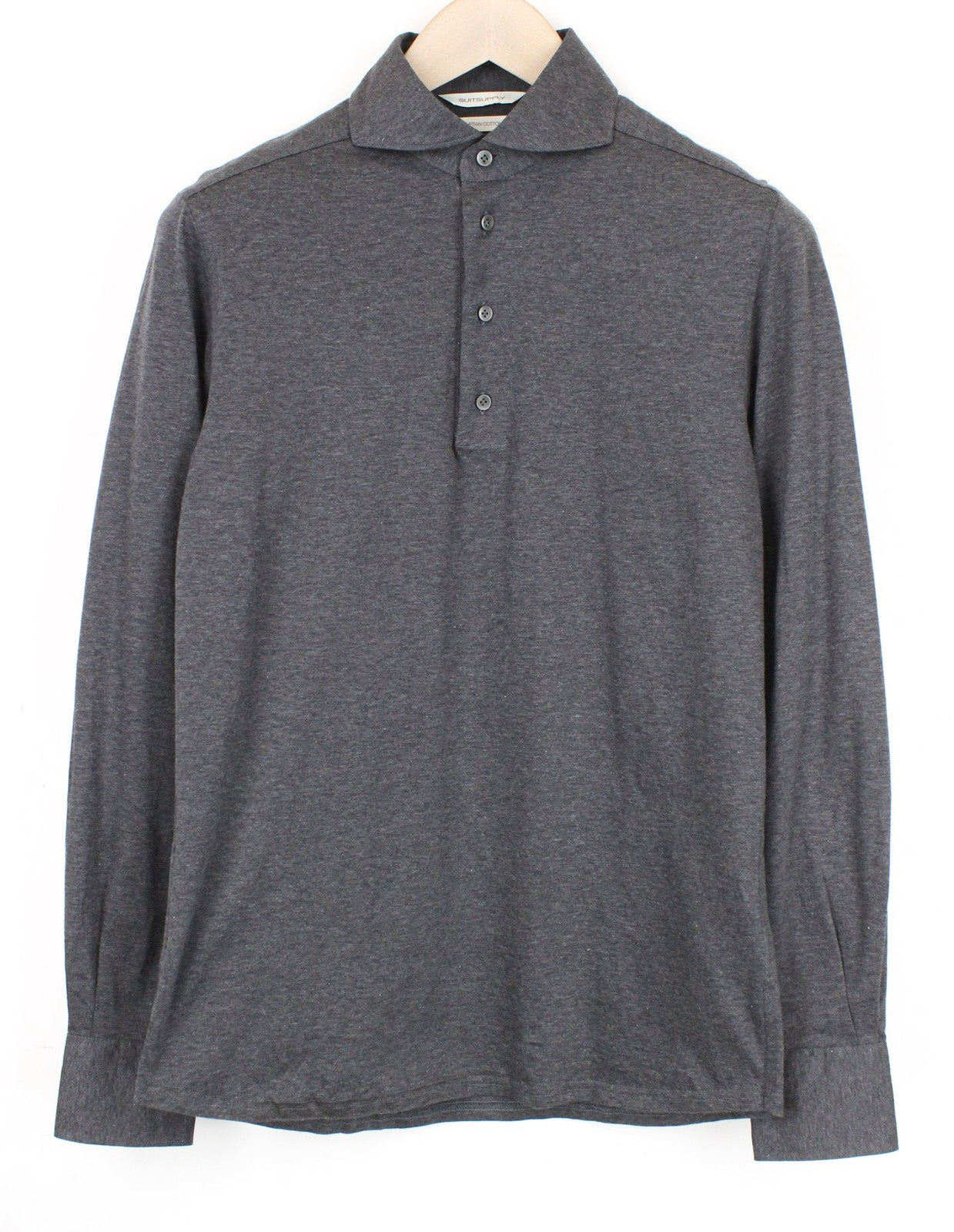 SUITSUPPLY Men's T-Shirt 37/38 Grey Polo Slim Pure Cotton  Long Sleeved