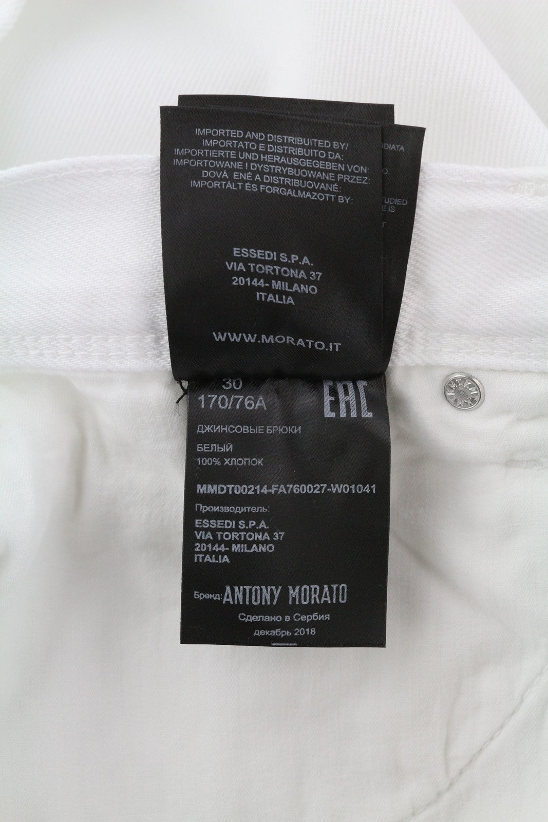 ANTONY MORATO Argon Men Jeans W30 White Slim Ankle Length Button-Fly Logo Denim