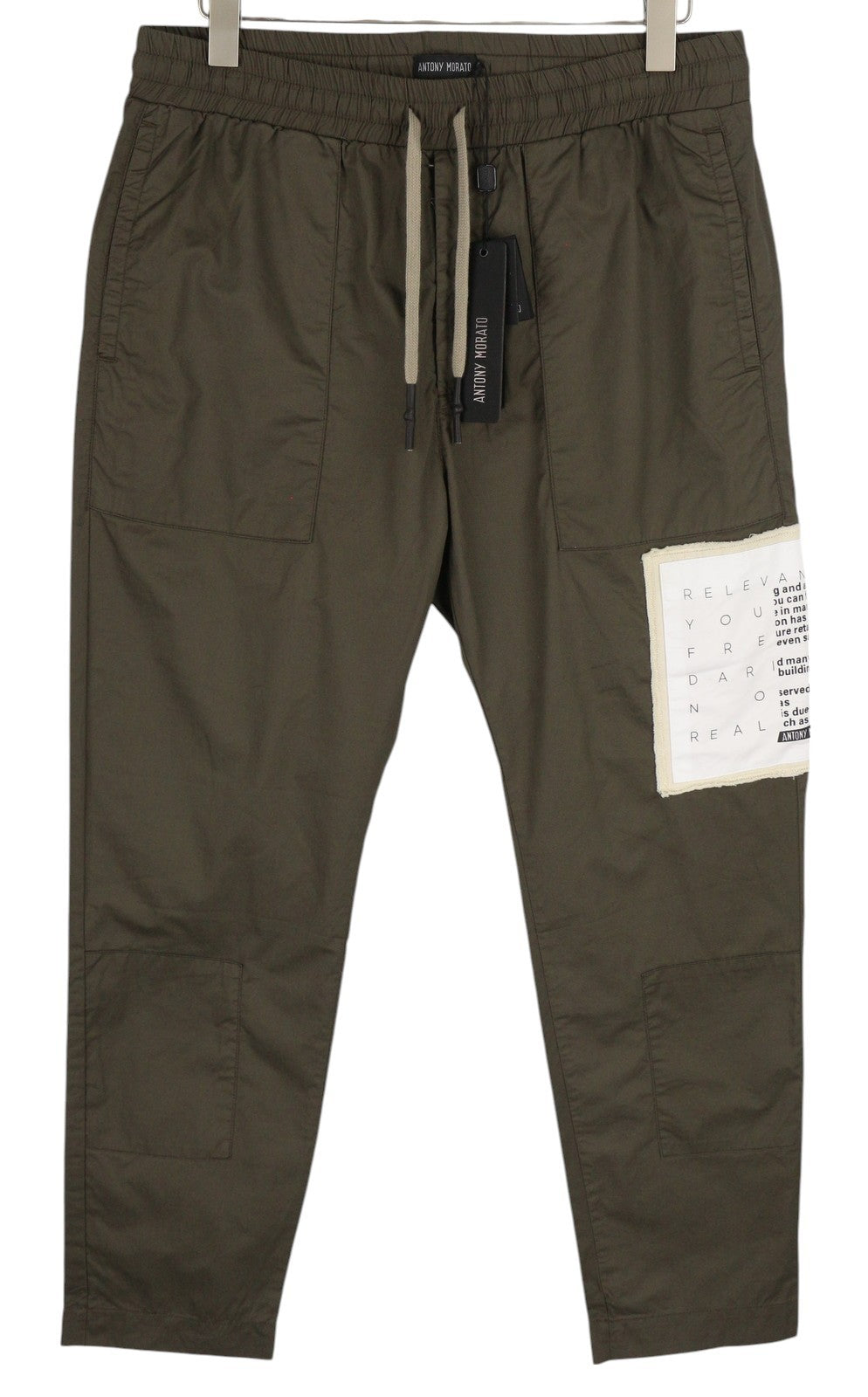 ANTONY MORATO Men Trousers W32 Army Green Elastic Drawstring Waist Tapered Fit