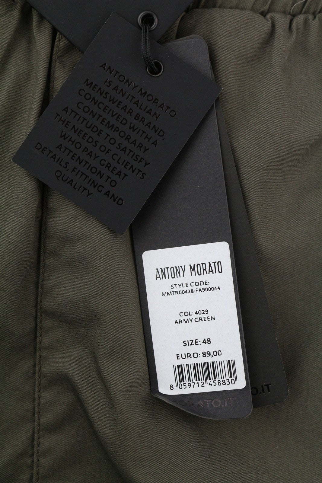 ANTONY MORATO Men Trousers W32 Army Green Elastic Drawstring Waist Tapered Fit