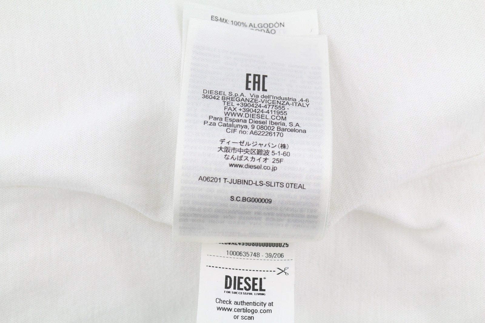 DIESEL T-Jubind-LS-Slits Men T-Shirt 3XL White Long Sleeve Crew Neck Tricot