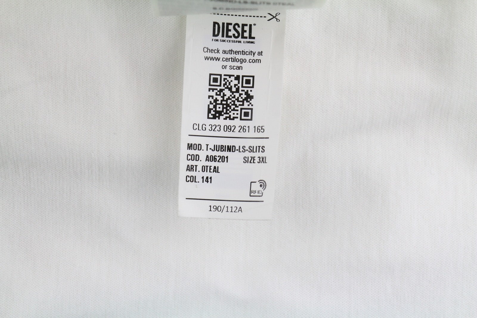 DIESEL T-Jubind-LS-Slits Men T-Shirt 3XL White Long Sleeve Crew Neck Tricot