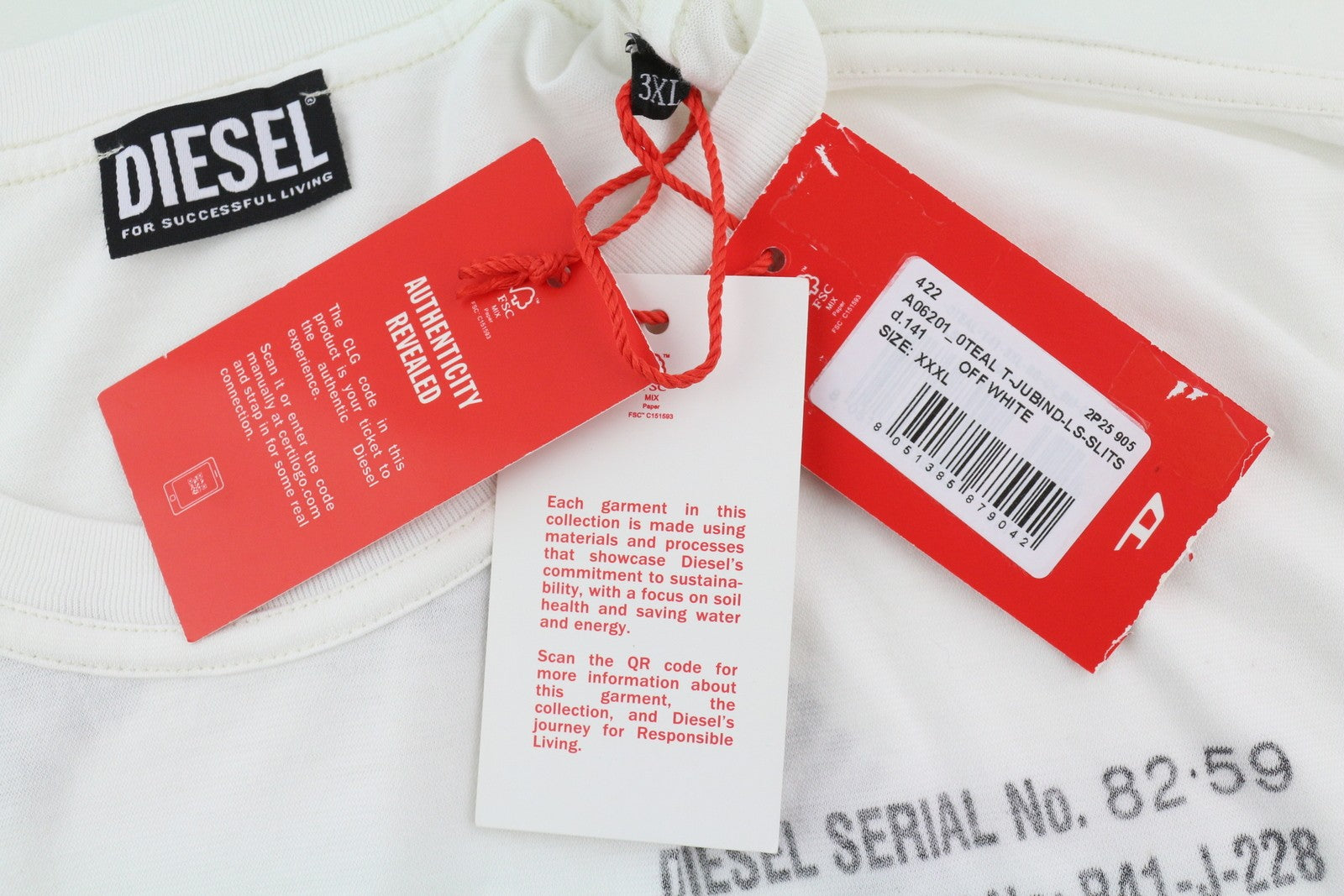 DIESEL T-Jubind-LS-Slits Men T-Shirt 3XL White Long Sleeve Crew Neck Tricot