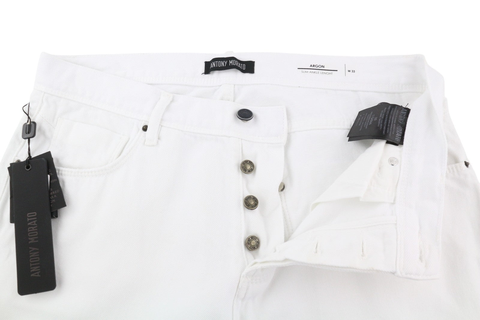 ANTONY MORATO Argon Men Jeans W33 White Slim Ankle Length Button-Fly Logo Denim