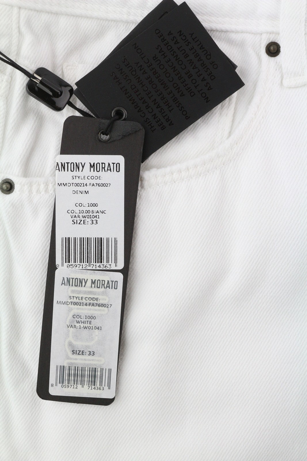 ANTONY MORATO Argon Men Jeans W33 White Slim Ankle Length Button-Fly Logo Denim