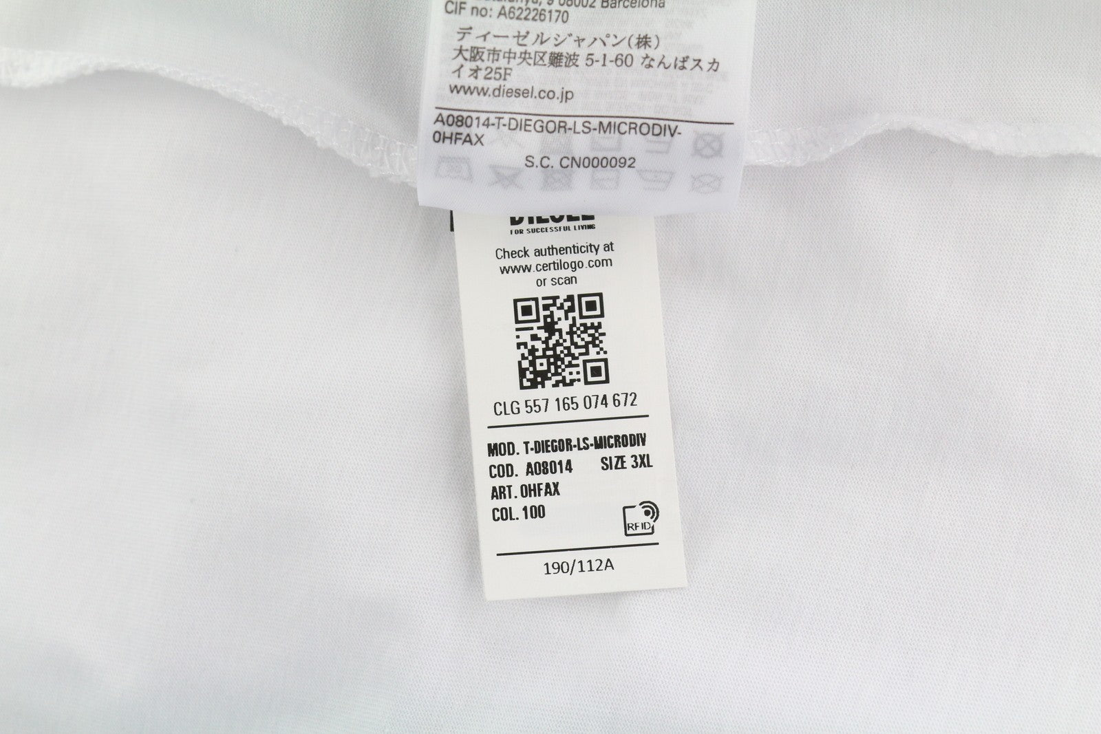 DIESEL T-Diegor-Ls-Microdiv Men T-Shirt 3XL White Long Sleeve Crew Neck Tricot