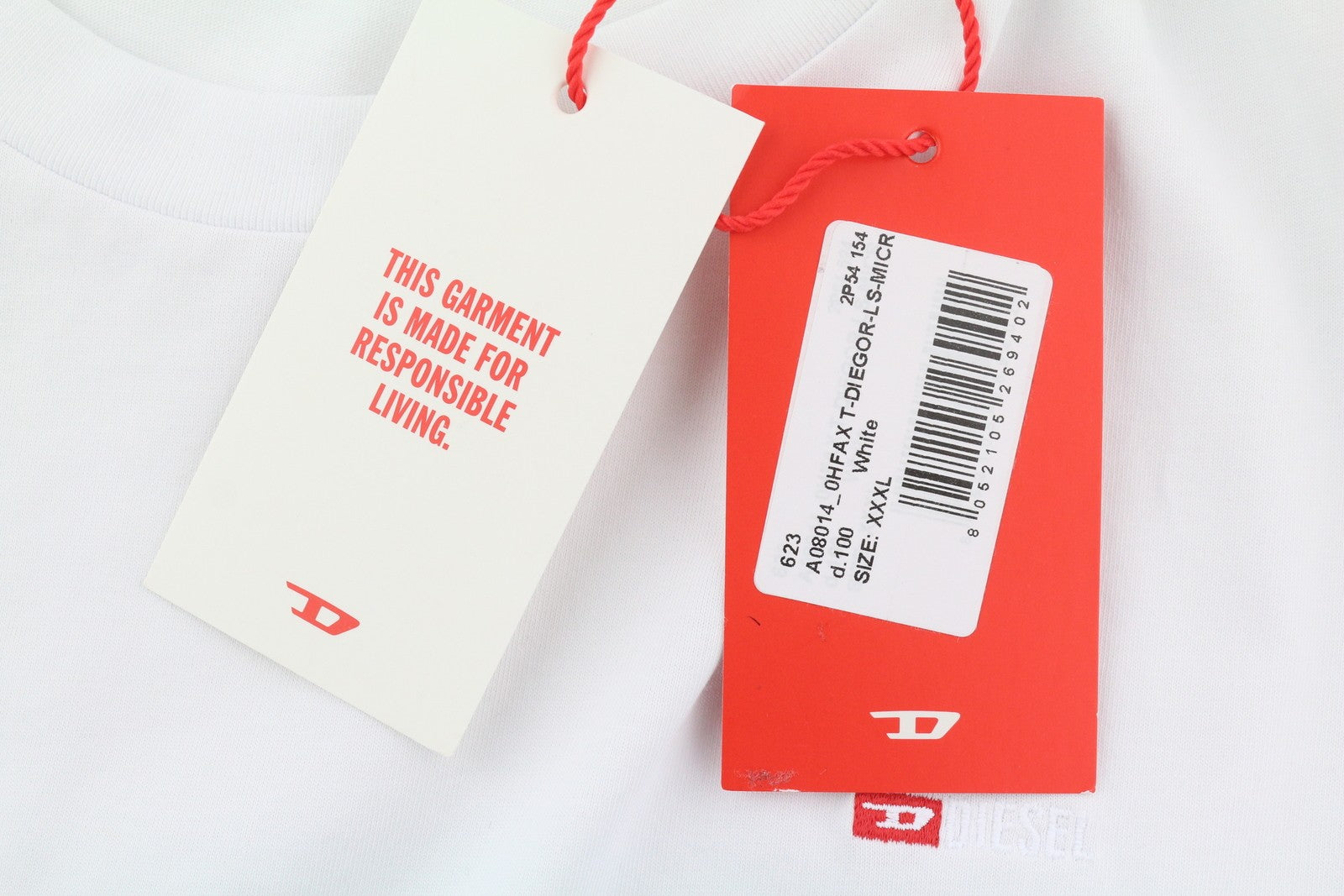 DIESEL T-Diegor-Ls-Microdiv Men T-Shirt 3XL White Long Sleeve Crew Neck Tricot