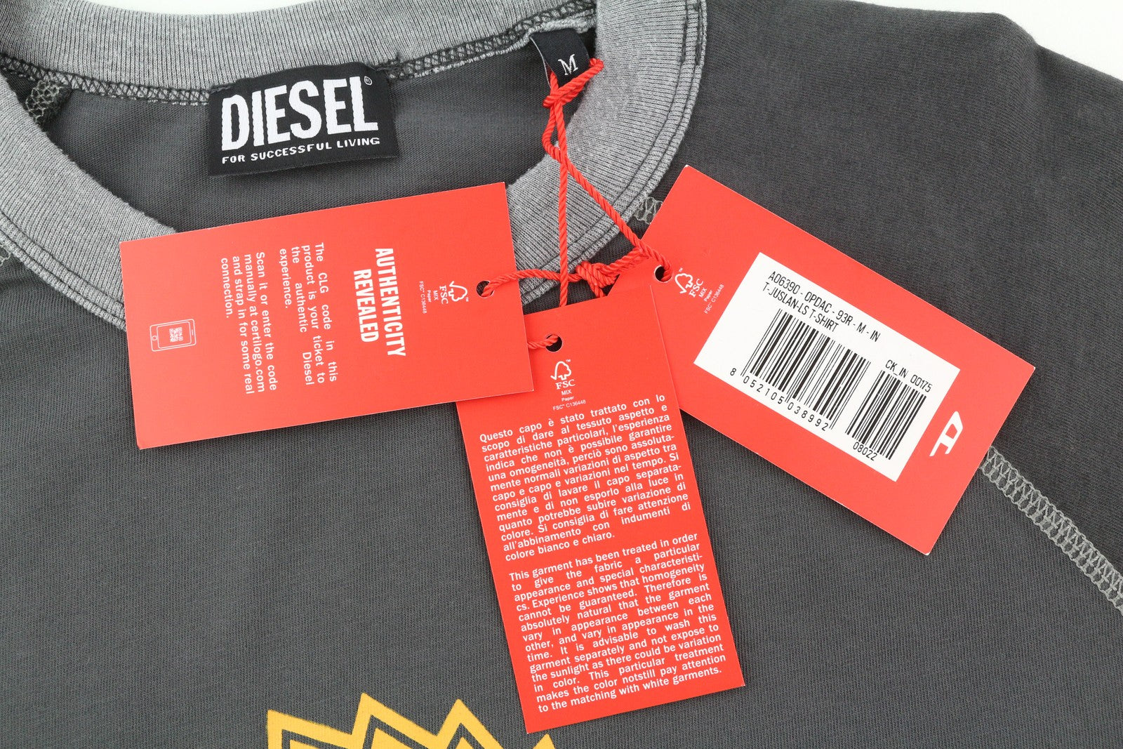 DIESEL T-Juslan-LS Men T-Shirt M Grey Long Sleeved Crew Neck Tricot Stretch