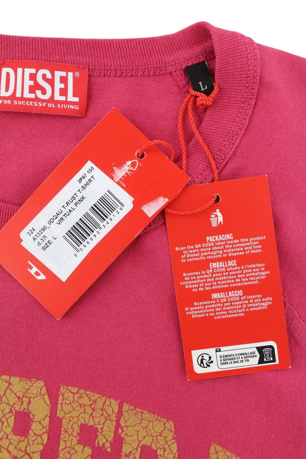 DIESEL T-Rust Men T-Shirt L Pink Short Sleeved Crew Collar Logo Tricot Stretch