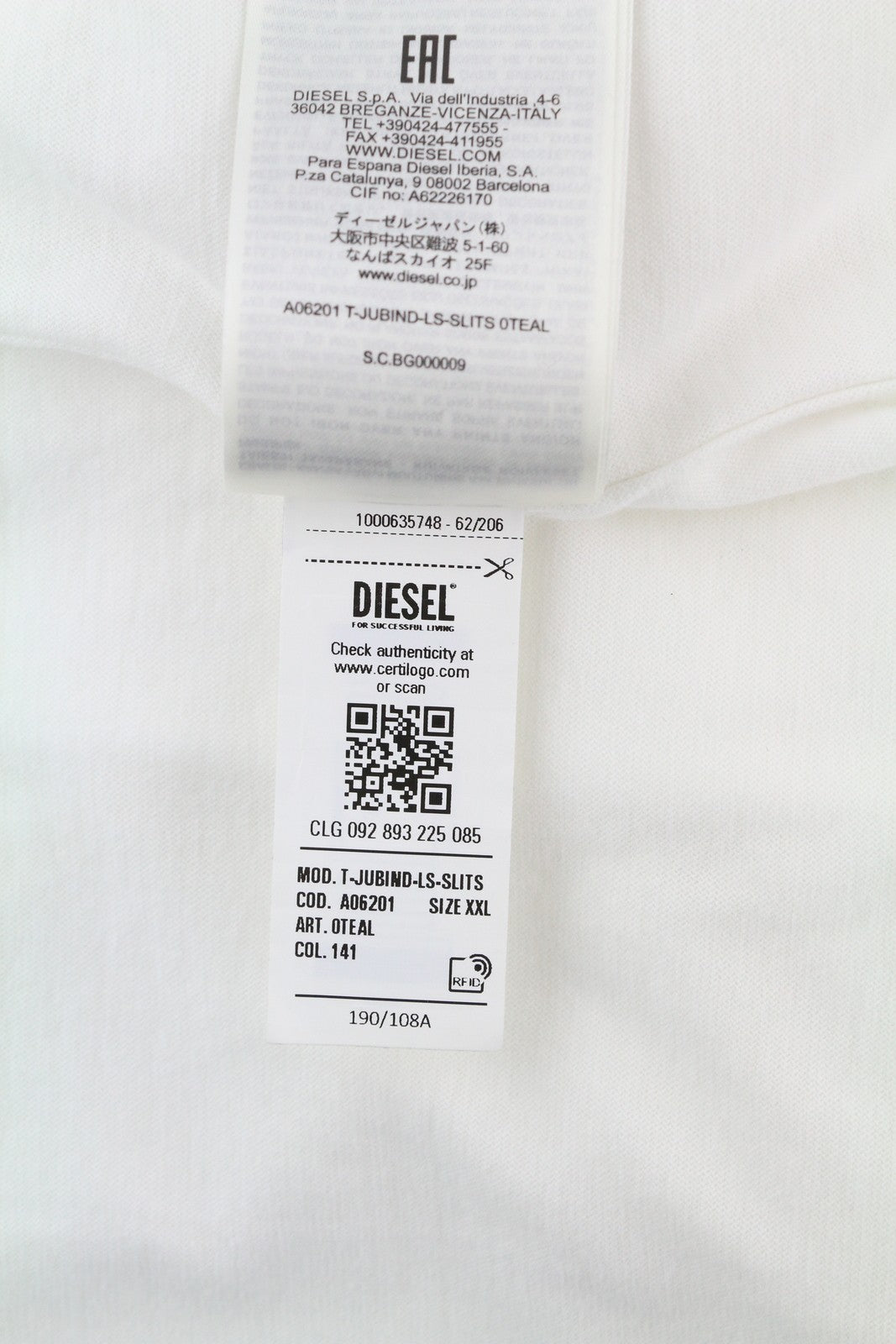 DIESEL T-Jubind-LS-Slits Men T-Shirt 2XL White Long Sleeve Crew Neck Tricot