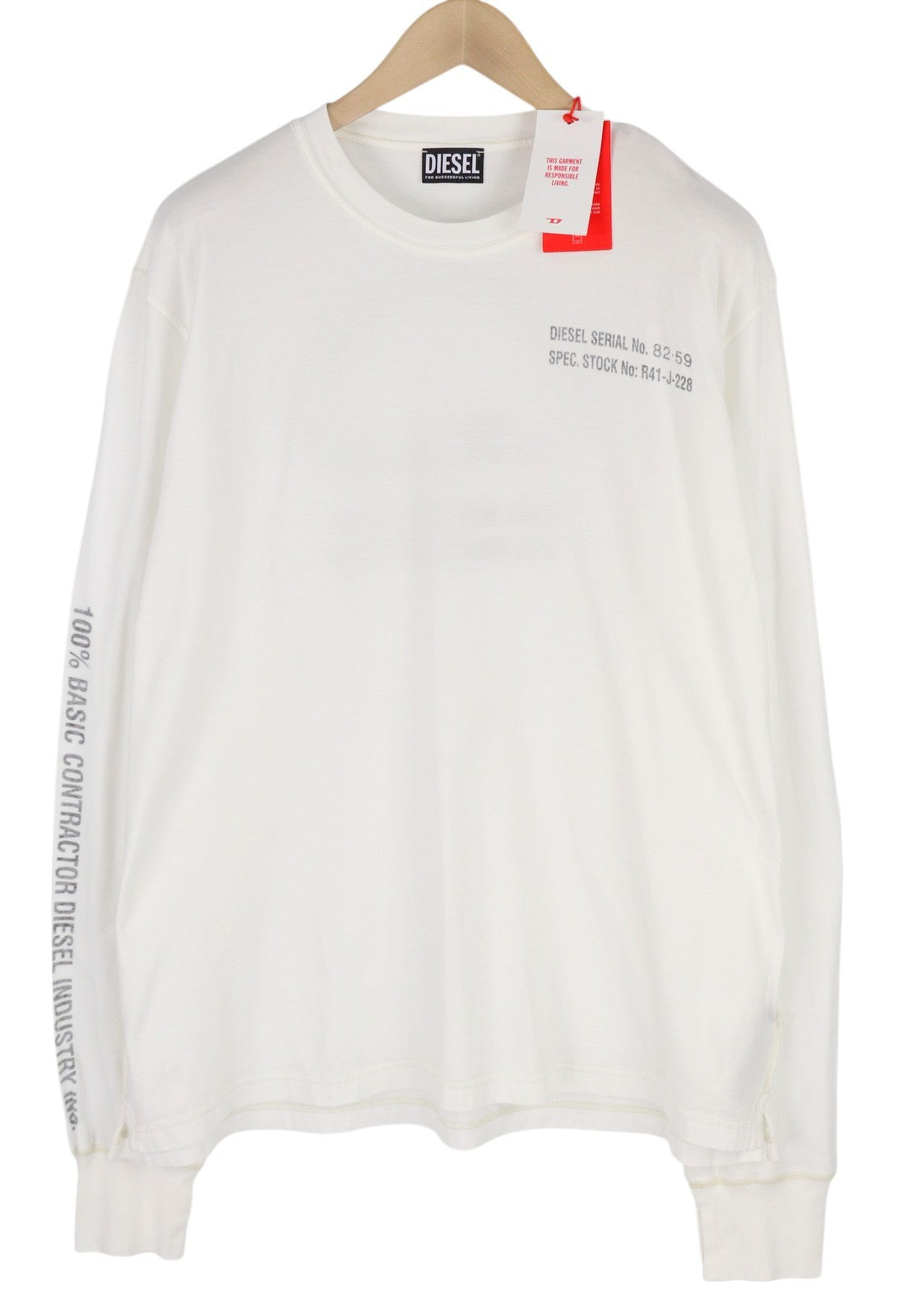 DIESEL T-Jubind-LS-Slits Men T-Shirt 2XL White Long Sleeve Crew Neck Tricot