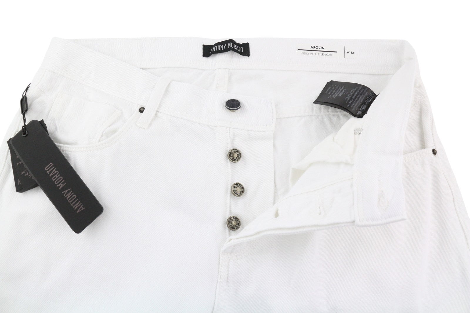 ANTONY MORATO Argon Men Jeans W32 White Slim Ankle Length Button-Fly Logo Denim