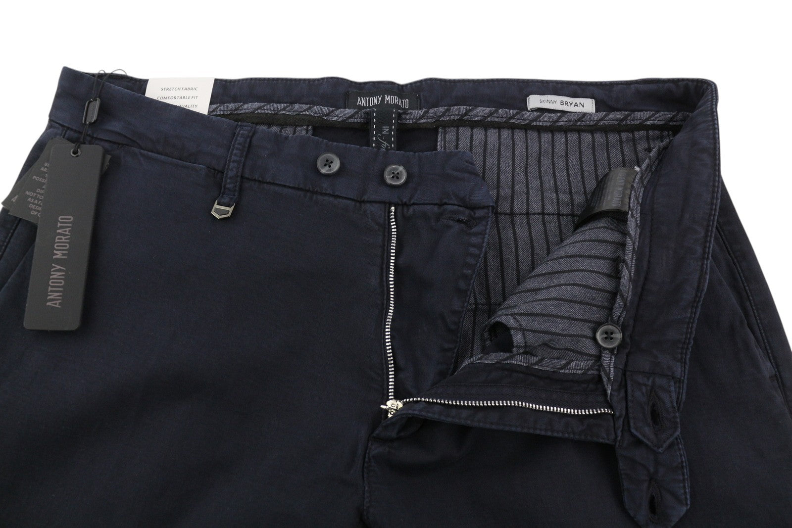 ANTONY MORATO Bryan Men Trousers W40 Dark Blue Skinny Fit Stretch Zip Fly Chino