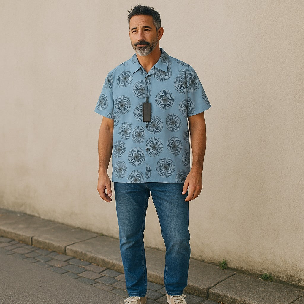 ANTONY MORATO Men Shirt M Blue Patterned Spread Neck Button Up Short Sleeved