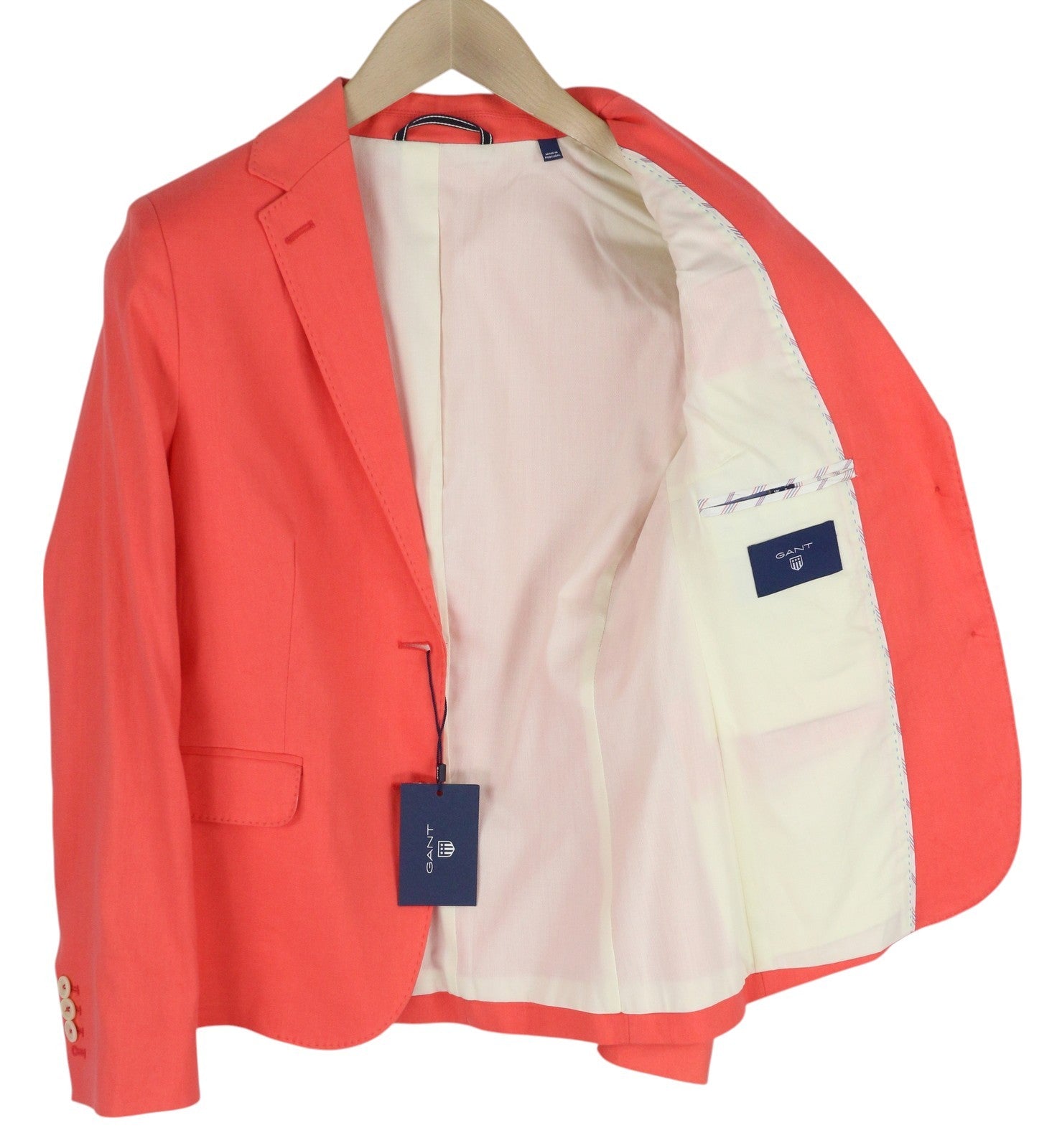 GANT Women Blazer EU38 Coral Linen Blend Notch Lapel Single-Breasted Logo Lined