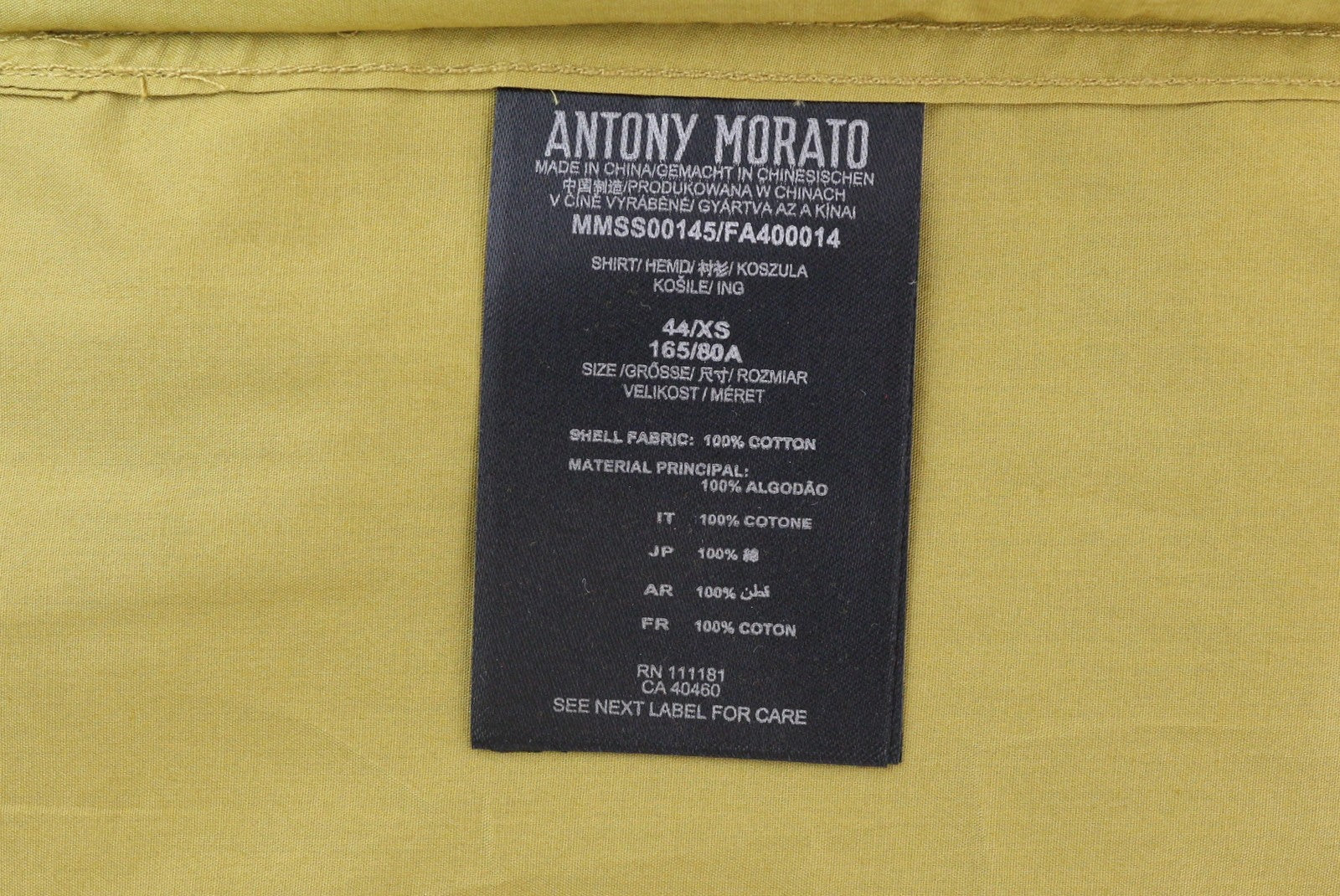 ANTONY MORATO Men Shirt XS Mustard Button-Down Neck Patch Pocket Short Sleeved