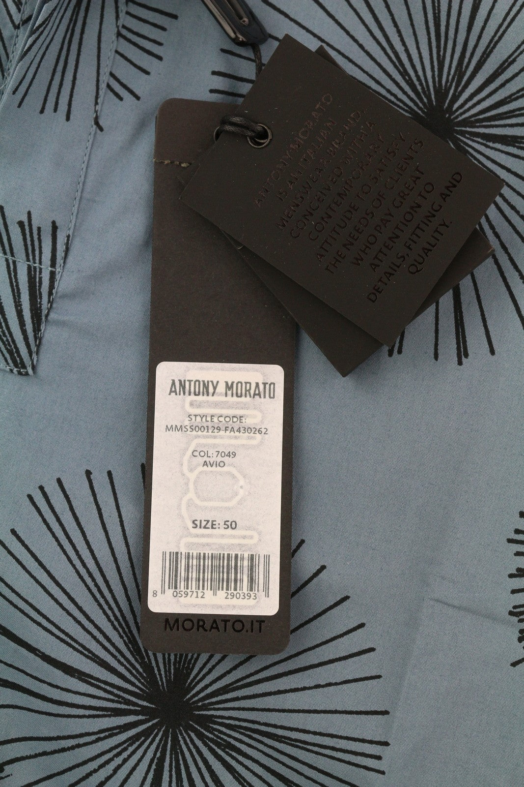 ANTONY MORATO Men Shirt L Blue Patterned Spread Neck Button-Up Short Sleeve