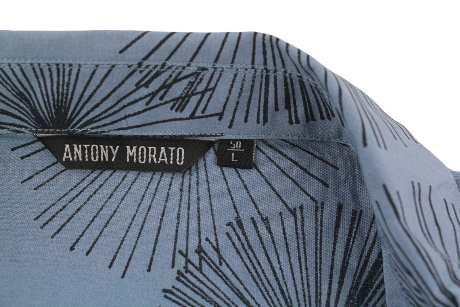 ANTONY MORATO Men Shirt L Blue Patterned Spread Neck Button-Up Short Sleeve