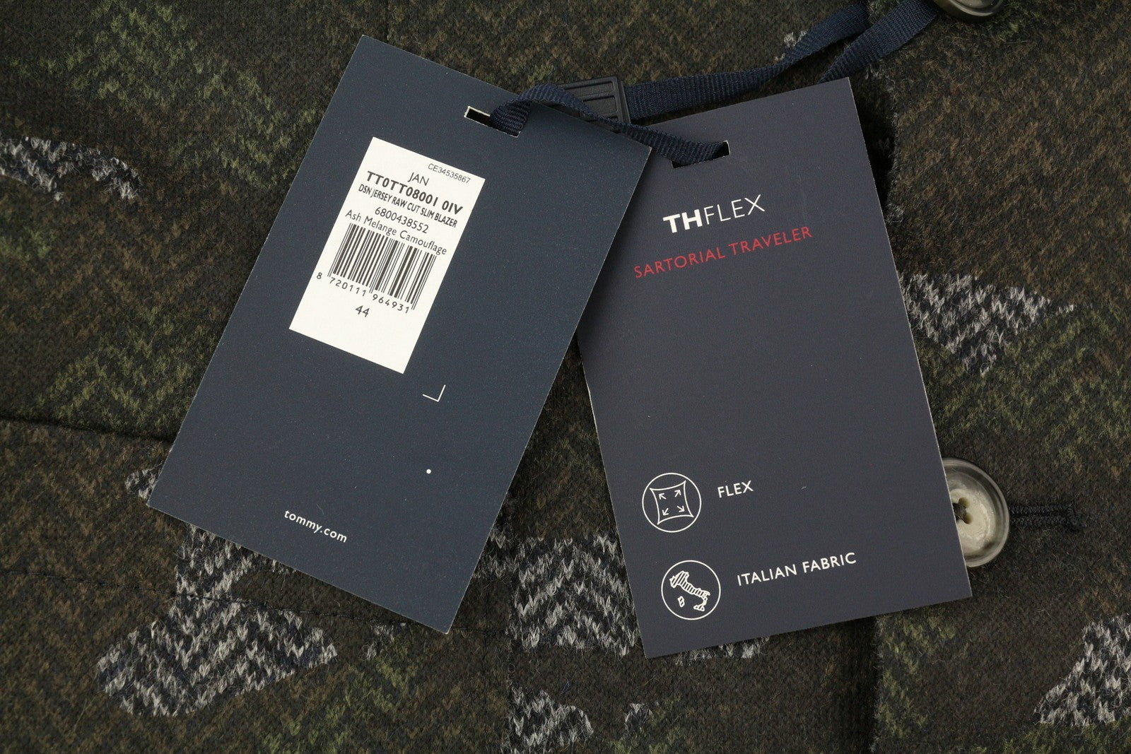 TOMMY HILFIGER Jersey Raw Cut Slim Men Blazer XS Camouflage THFlex Wool Blend