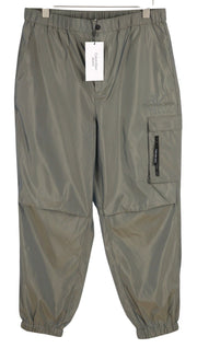 CALVIN KLEIN Men Trousers XL Grey Elastic Waist Shiny Look Thin Track Zip Cargo