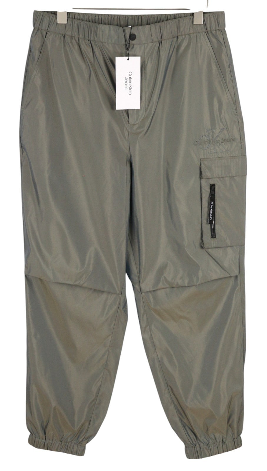 CALVIN KLEIN Men Trousers XL Grey Elastic Waist Shiny Look Thin Track Zip Cargo