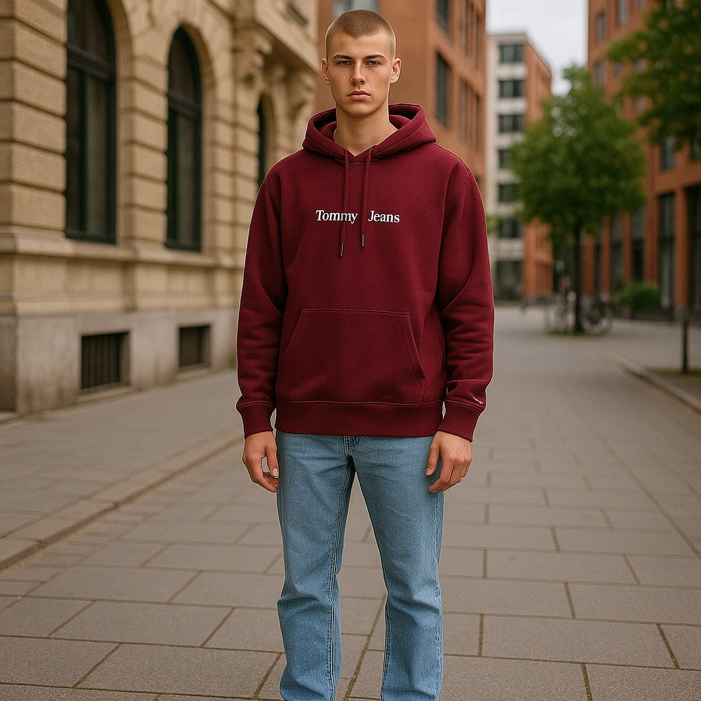 TOMMY HILFIGER Req Linear Men Sweatshirt L Burgundy Kangaroo Pocket Pullover